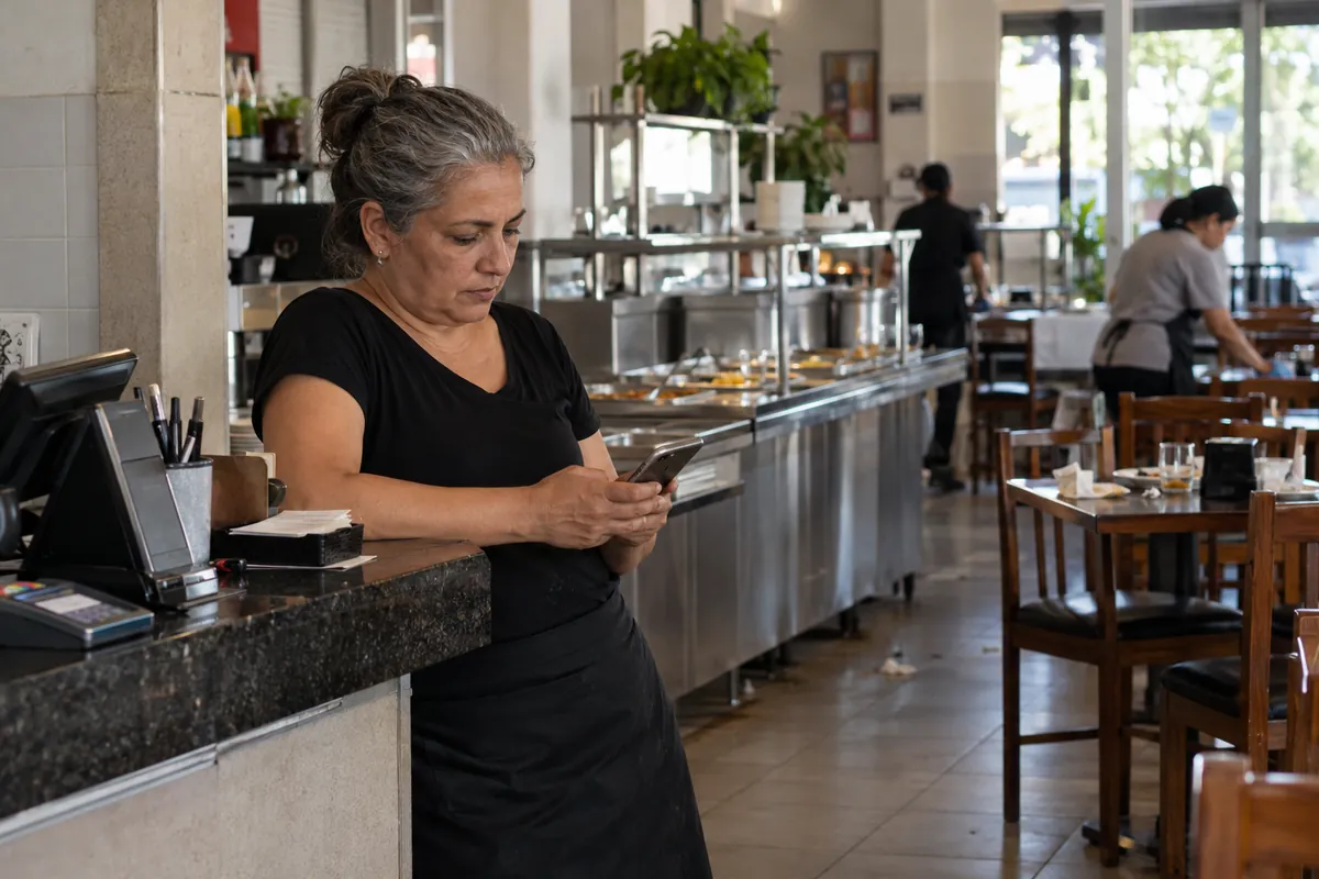 Dono de restaurante confere as reservas no celular ao lado do caixa, com o salão ao fundo