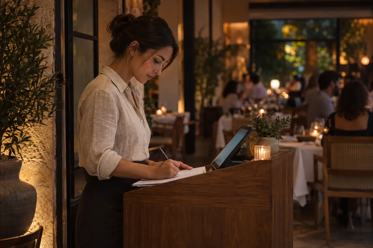 Recepcionista de restaurante risca um nome na lista de reservas junto ao púlpito da entrada, com o salão posto ao fundo