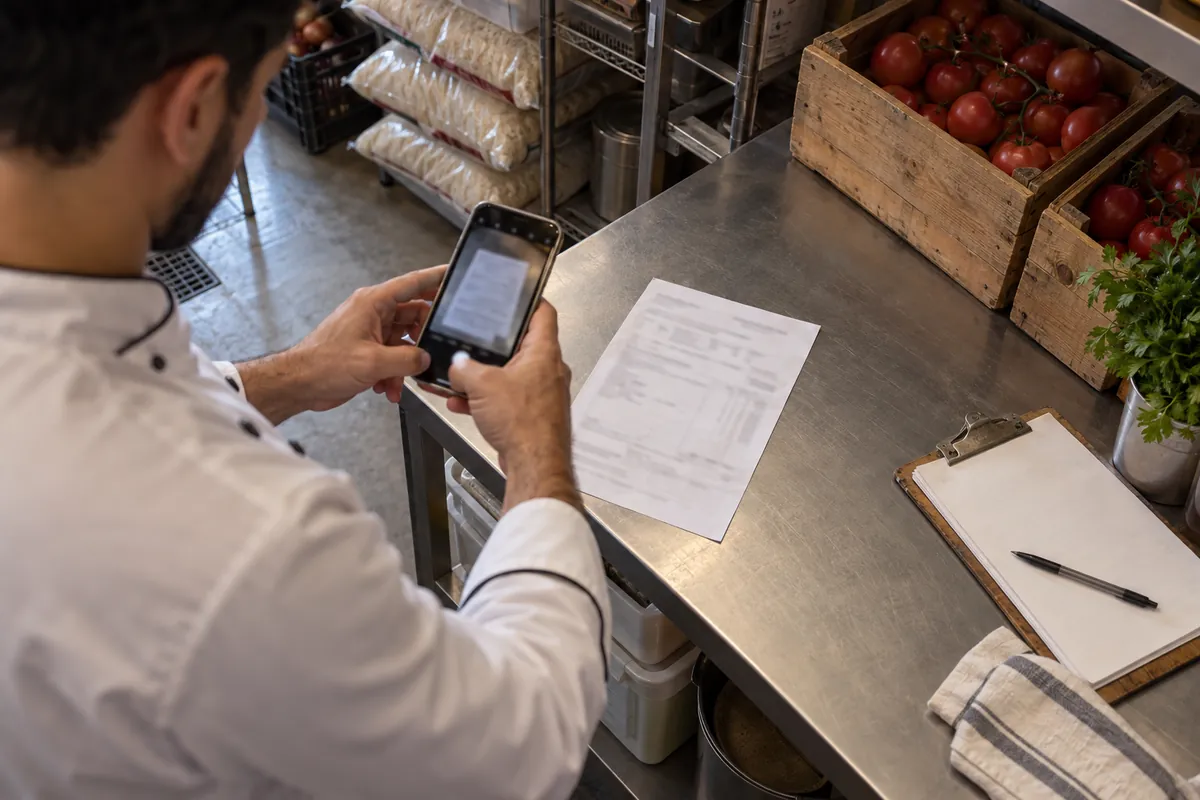 Mãos de um cozinheiro fotografam com o celular a nota de um fornecedor sobre a bancada de inox da despensa