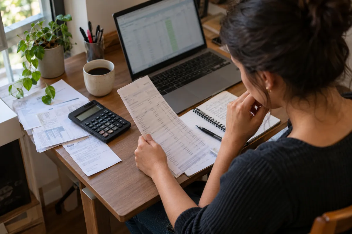 Extrato bancário impresso, notebook com planilha e calculadora sobre uma mesa de escritório