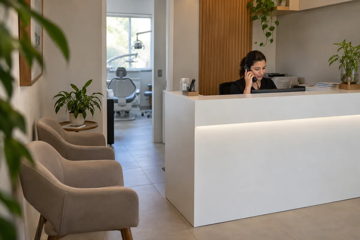 Recepção de uma clínica odontológica com a recepcionista ao telefone