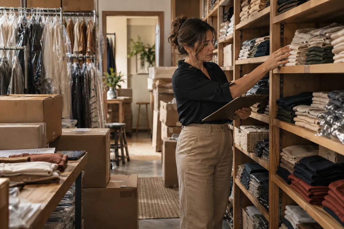 Dona de loja de roupas conta peças dobradas no estoque dos fundos e anota numa prancheta