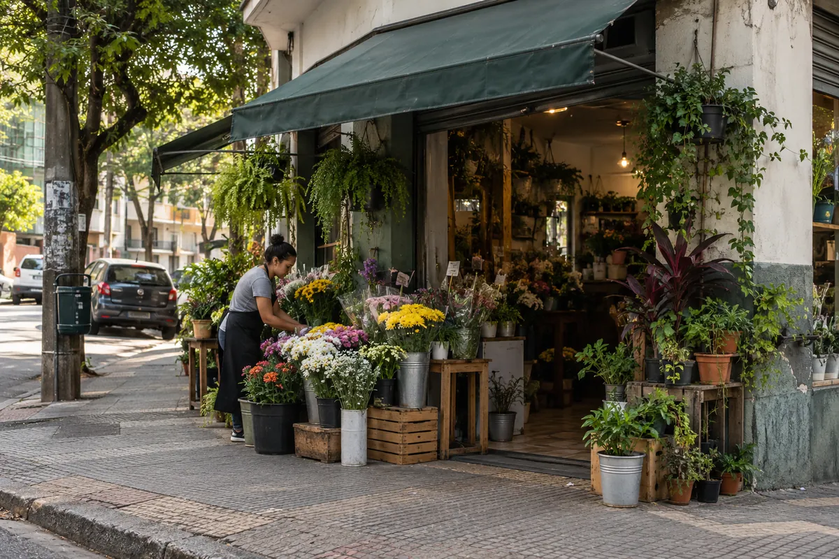 Fachada de uma pequena floricultura de esquina com vasos na calçada pela manhã