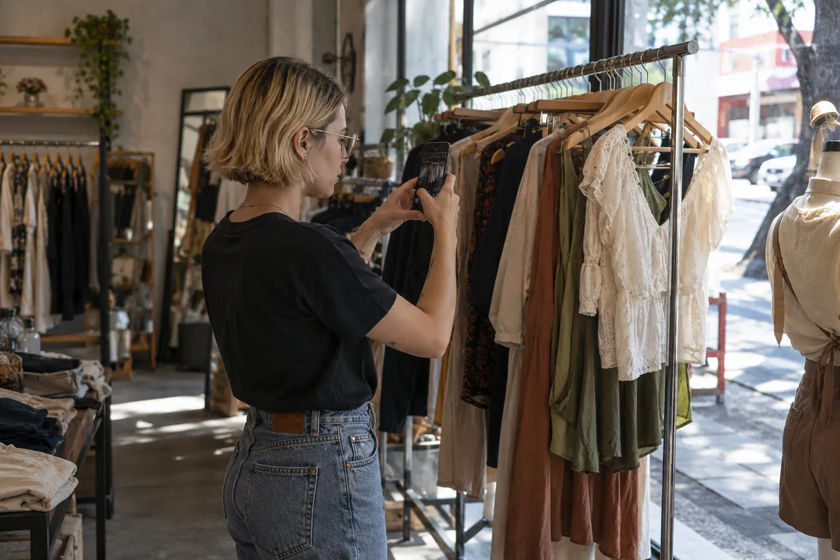 Vendedora fotografa peças de roupa numa arara para postar no Instagram
