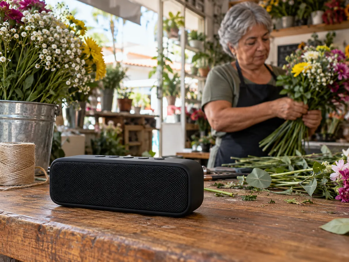 Florista monta um buquê ao lado de uma caixa de som pequena no balcão