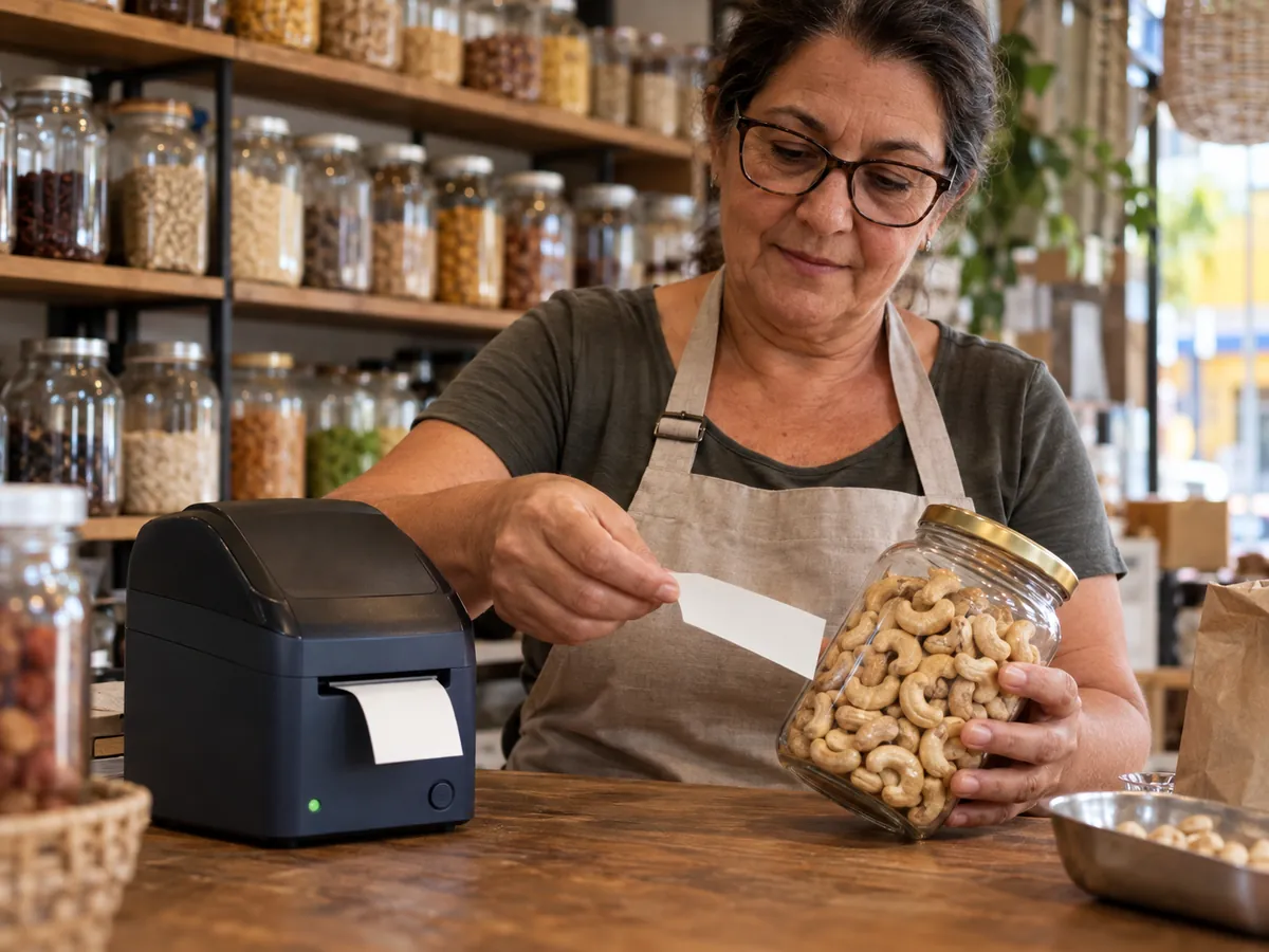 Dona de loja de produtos naturais cola uma etiqueta impressa num pote de granola