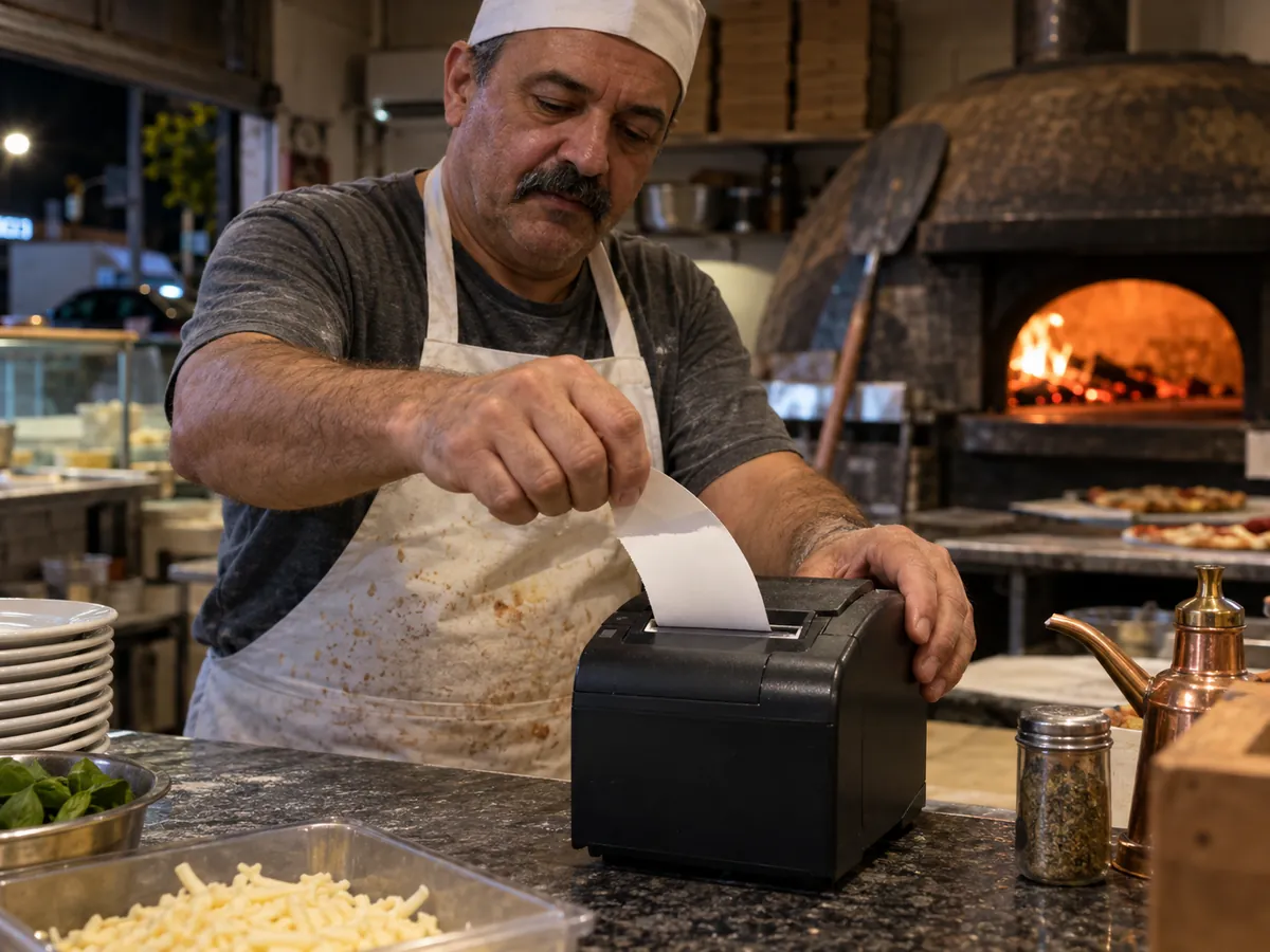Pizzaiolo puxa o pedido impresso de uma impressora térmica presa na parede da cozinha