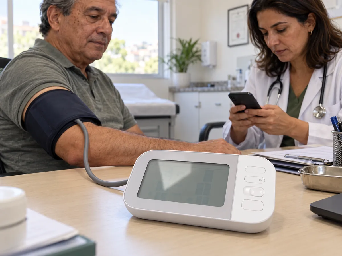 Paciente mede a pressão com um medidor de braço branco na mesa do consultório