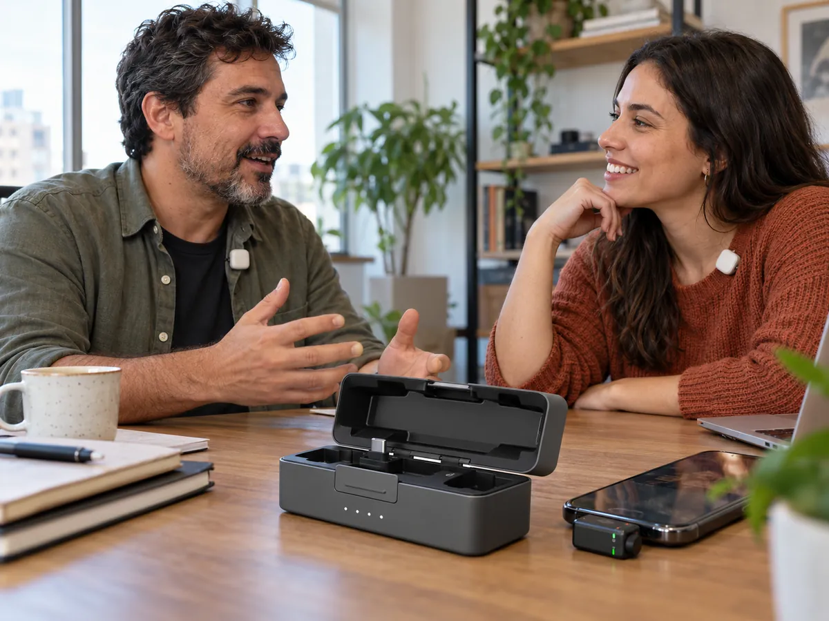 Duas pessoas gravam um podcast com microfones sem fio presos na gola