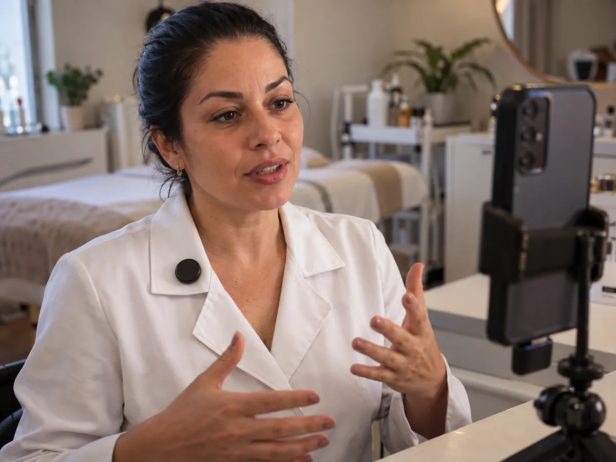 Esteticista de jaleco com microfone de lapela fala para o celular apoiado na bancada