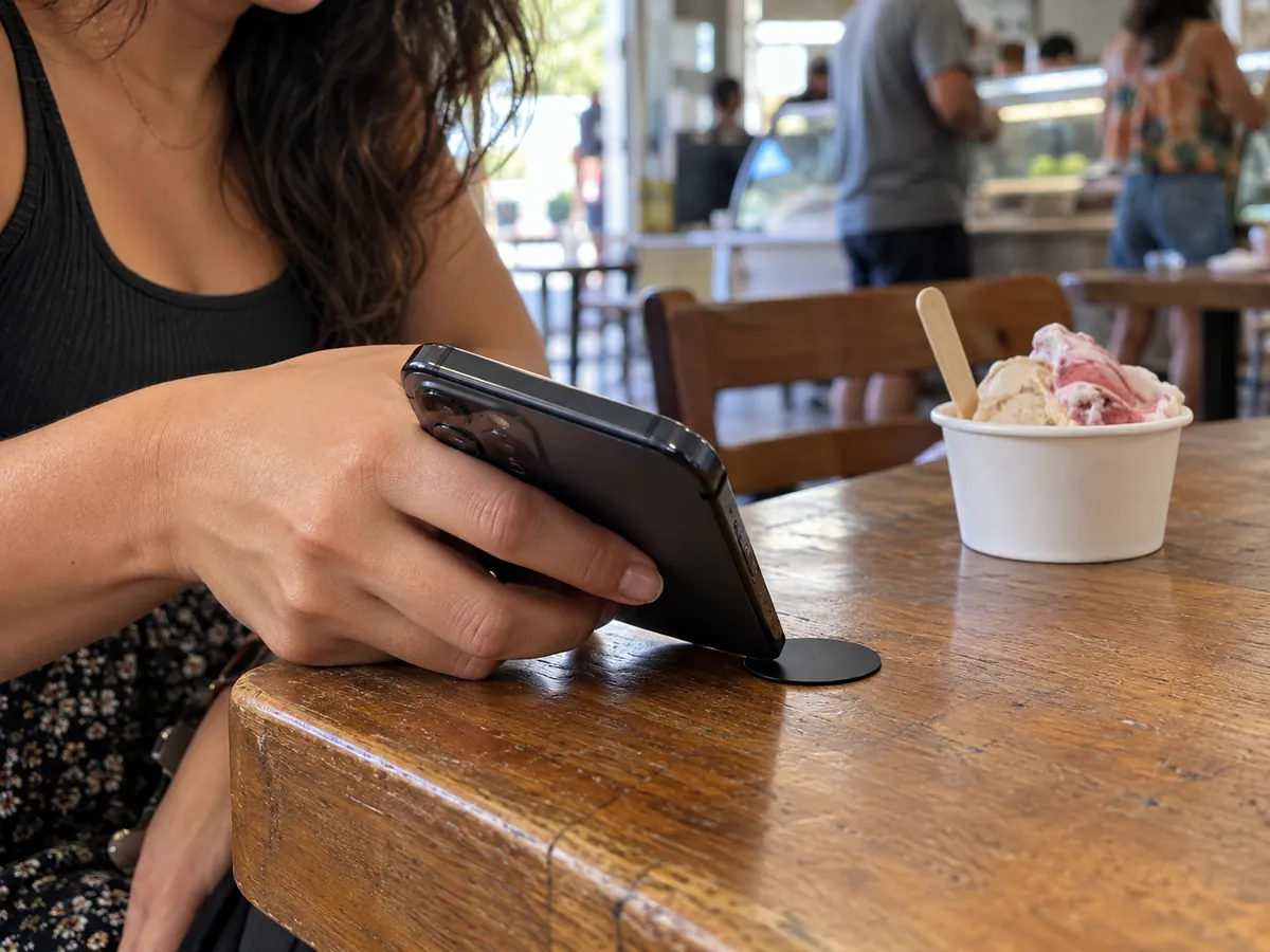 Cliente encosta o celular num adesivo redondo branco colado na mesa de uma sorveteria