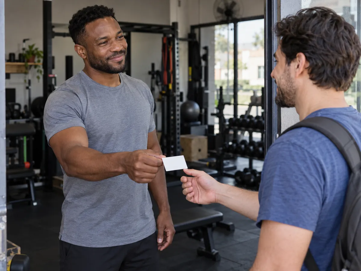 Personal trainer entrega um cartão branco sem impressão a um aluno na porta do estúdio