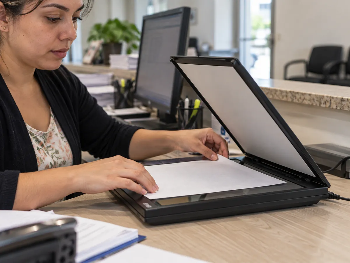 Recepcionista digitaliza uma ficha num scanner preto e fino ao lado do computador