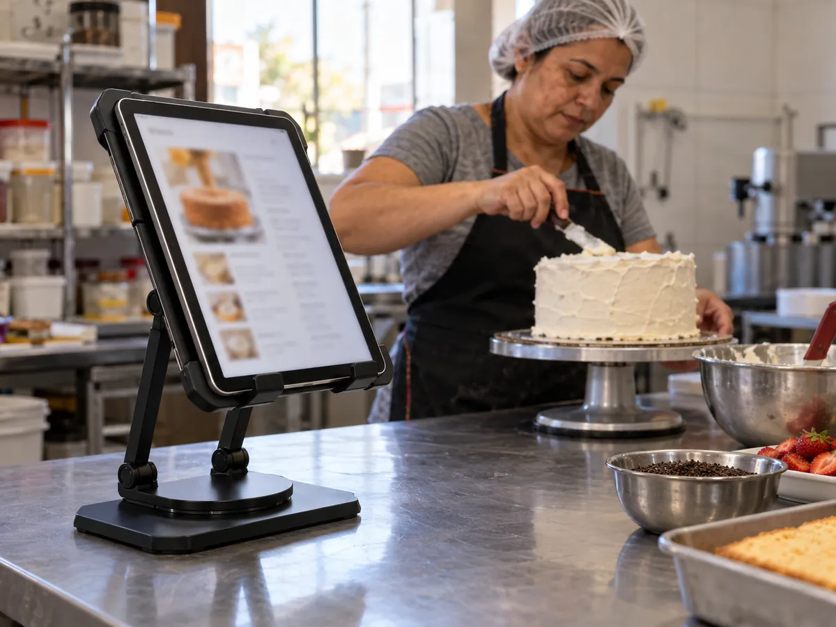 Confeiteira cobre um bolo ao lado de um tablet num suporte articulado de metal