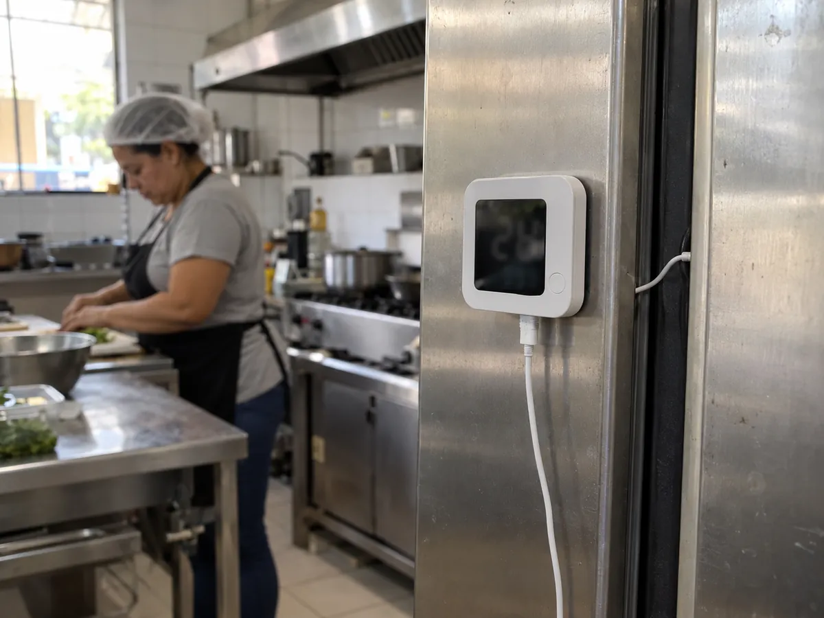Termômetro com tela digital colado na porta de uma geladeira de inox de restaurante
