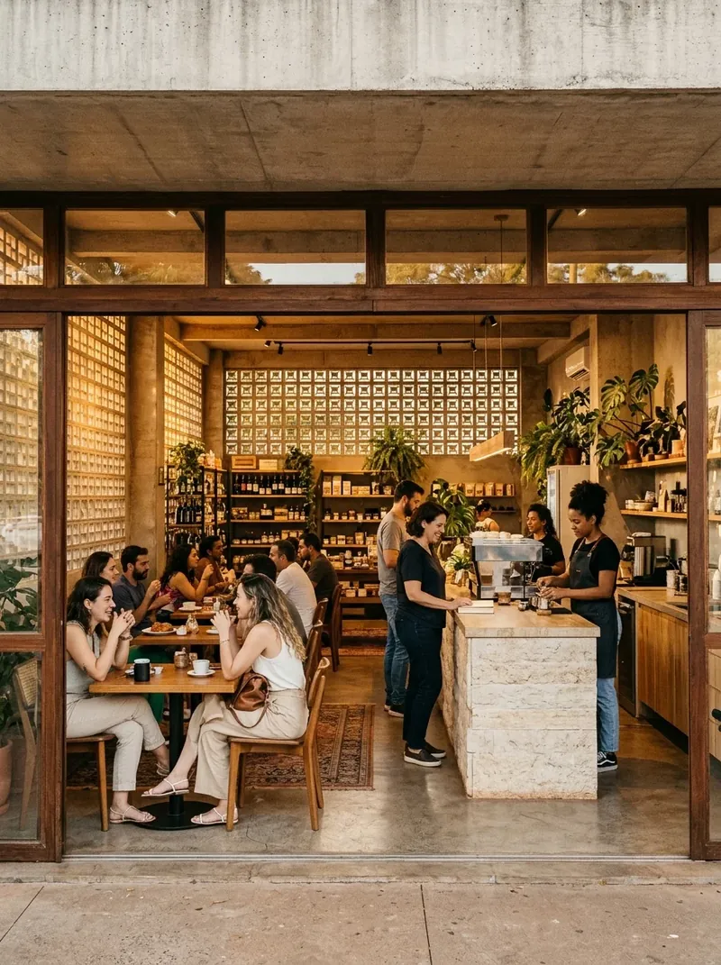 Café com mesas sob pilotis de concreto, numa rua comercial