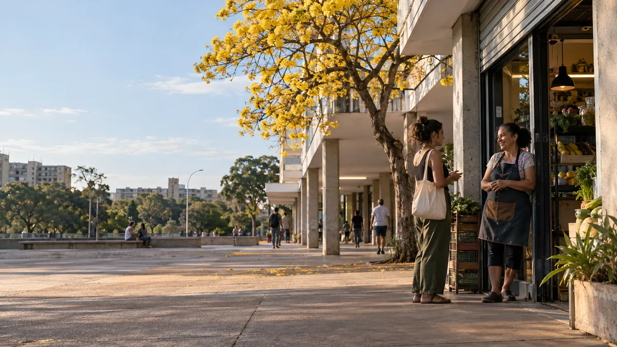 Comércio local no fim da tarde, com um ipê amarelo florido