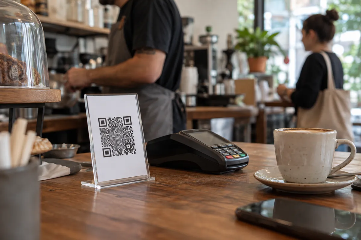 Placa com QR code sobre o balcão de uma cafeteria, ao lado da maquininha de cartão