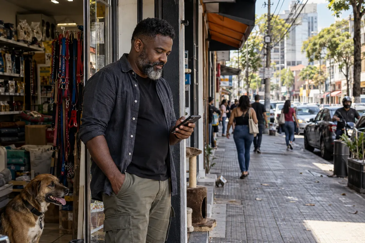 Dona de um pet shop olha o celular na porta da loja, com a rua comercial ao fundo