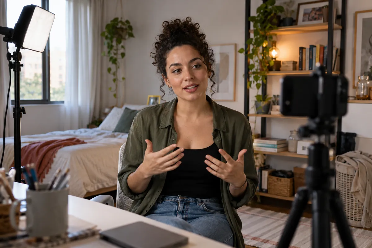 Criadora de conteúdo grava um vídeo no celular num quarto arrumado como estúdio caseiro