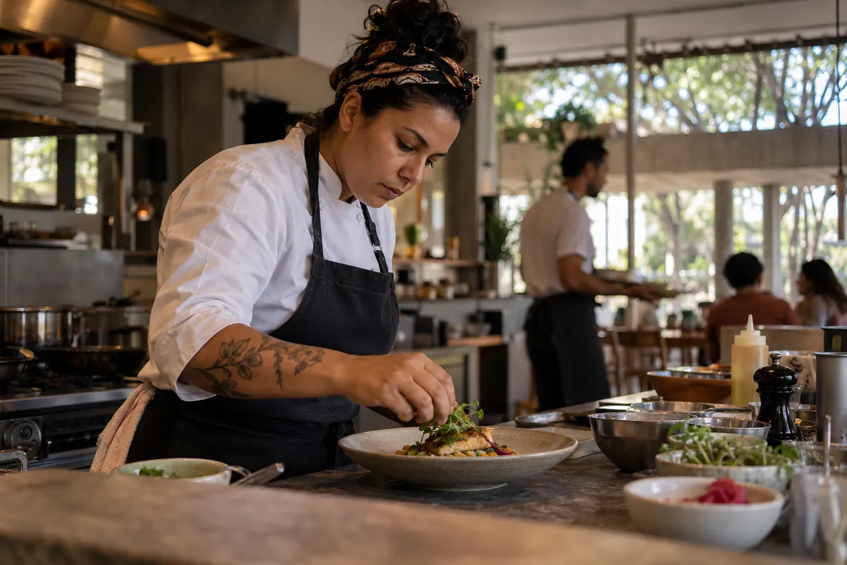 Chef finaliza um prato no balcão de pedra de uma cozinha aberta