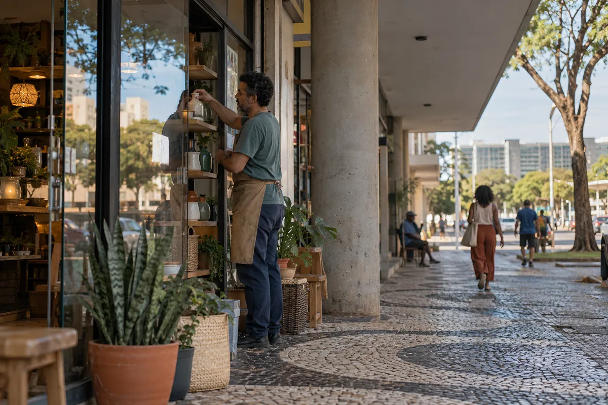 Dono de uma loja de rua arruma a vitrine pela manhã, sob os pilotis