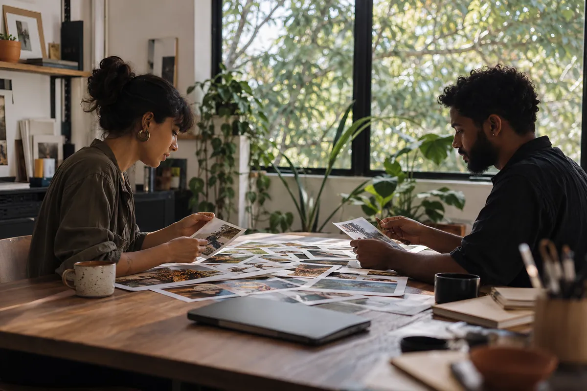 Duas pessoas escolhem fotos impressas espalhadas numa mesa de trabalho