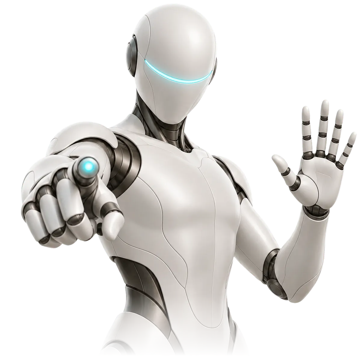 A white robot points at the screen and adjusts ads on a holographic dashboard